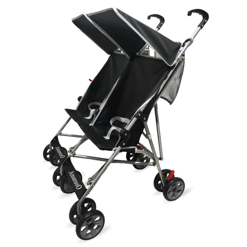 Side by Side Lightweight Black Tandem Double Umbrella Stroller