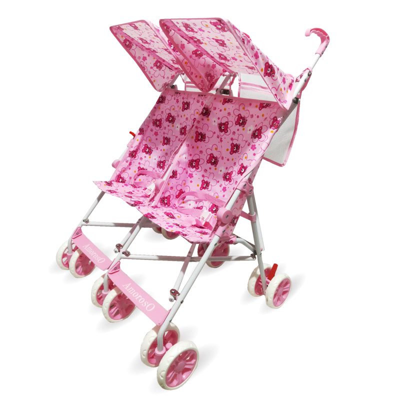 Double Umbrella Lightweight Twin Stroller Pink