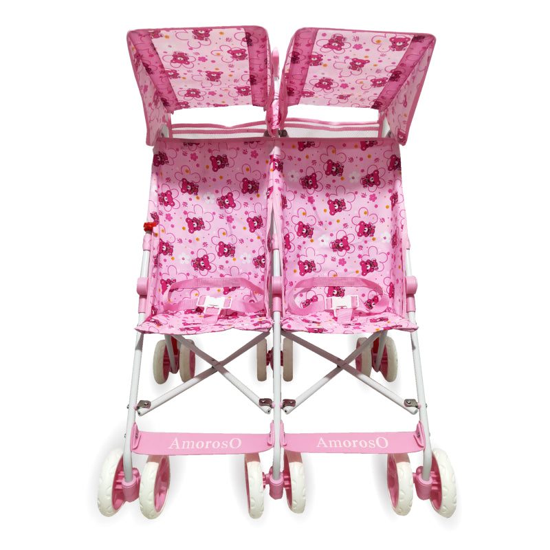 Double Umbrella Lightweight Twin Stroller Pink