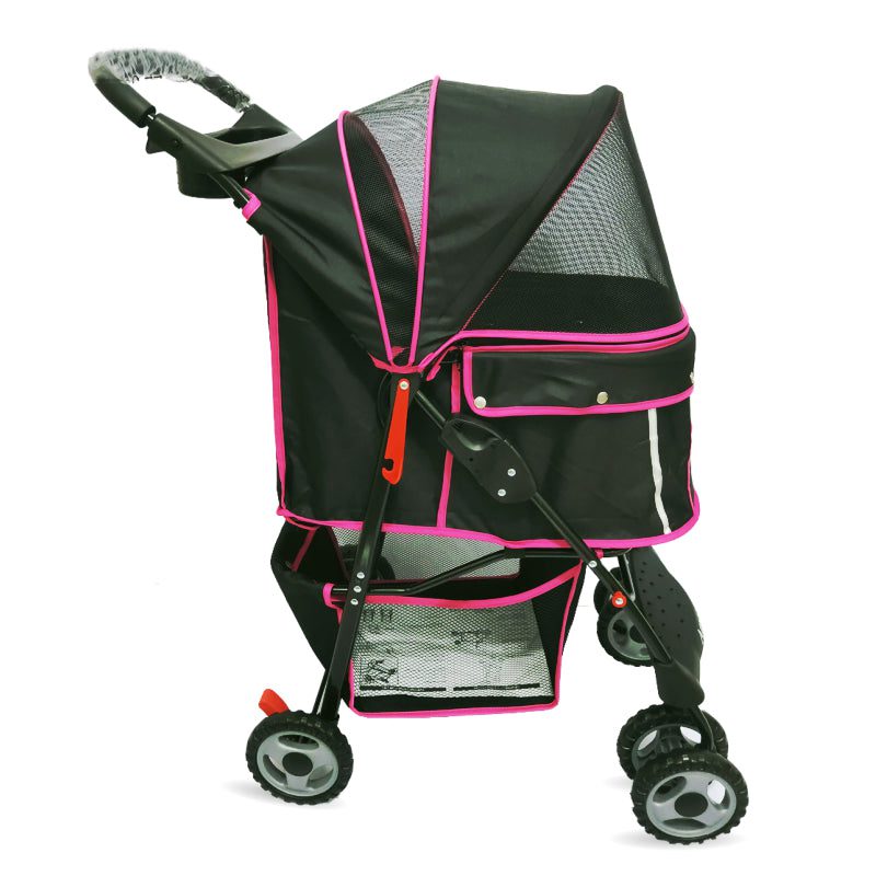 Foldable Pet Stroller 4 Wheel Black & Pink Trim